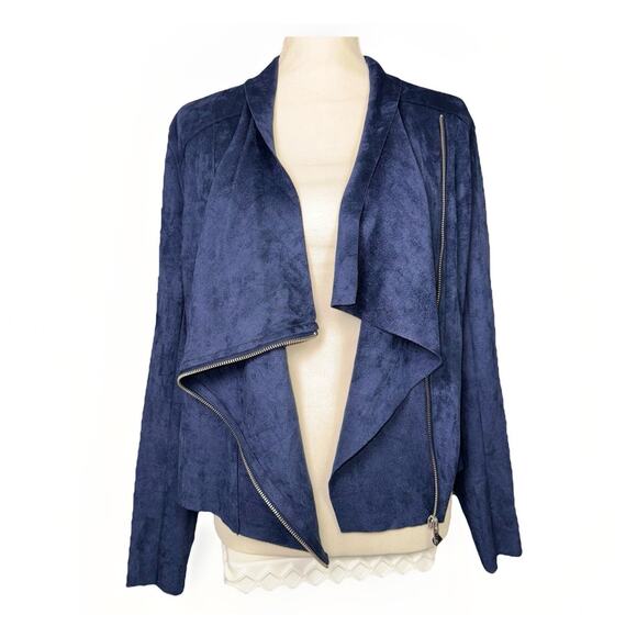 NWT Blank NYC Sz Medium Navy Blue Faux Suede Jacket Zip Front Asymmetrical Drape - Picture 2 of 8